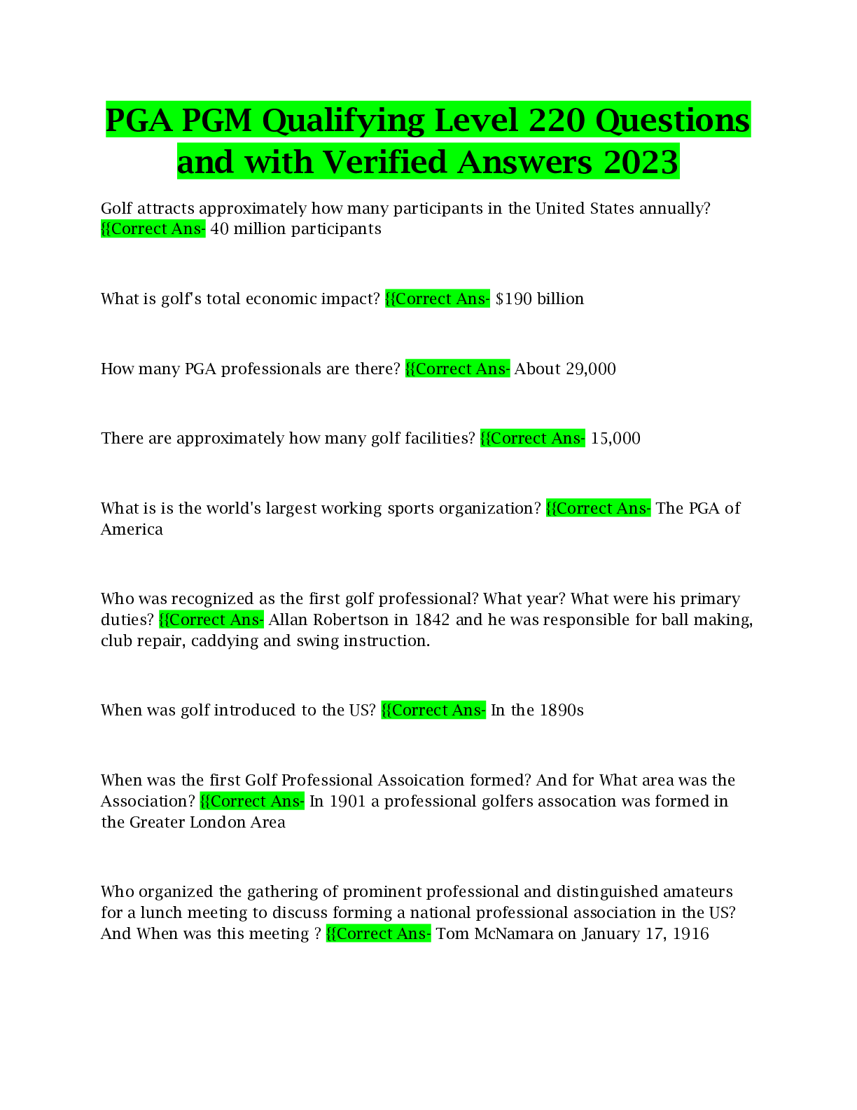 Preview of PGA PGM Qualifying Level 220 Questions and with Verified Answers 2023